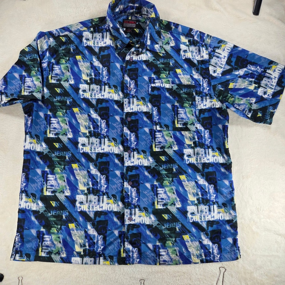 FUBU Mens Shirt Collection All Over Print 3X Blue Polyester Short Sleeve Button